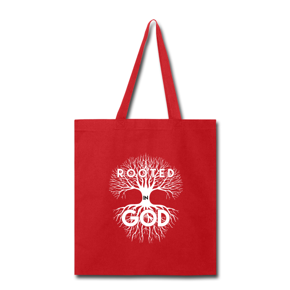 "Rooted in God" Tote Bag - red
